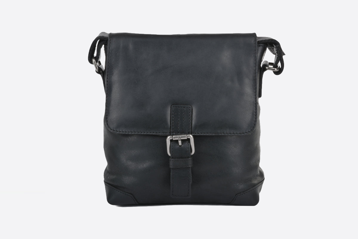 Mens 3 Pocket Luxury Small Leather Flight Bag Black : Jack