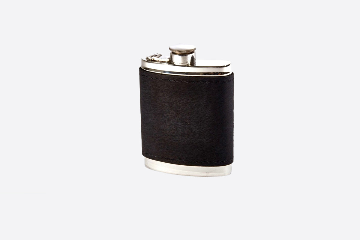 6oz Black Raven Leather Captive Top Pewter Flask