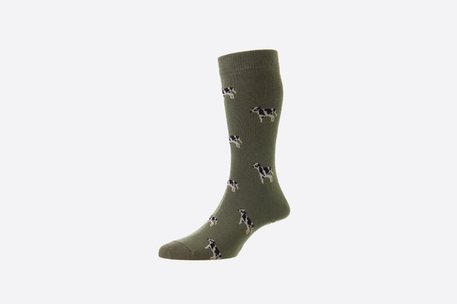Cow Cotton Rich Socks - Olive - HJ62