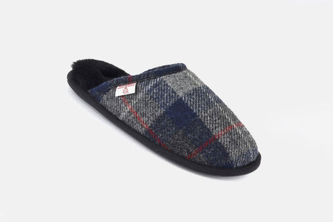 William - Harris Tweed Mule Slippers - Charcoal/Check