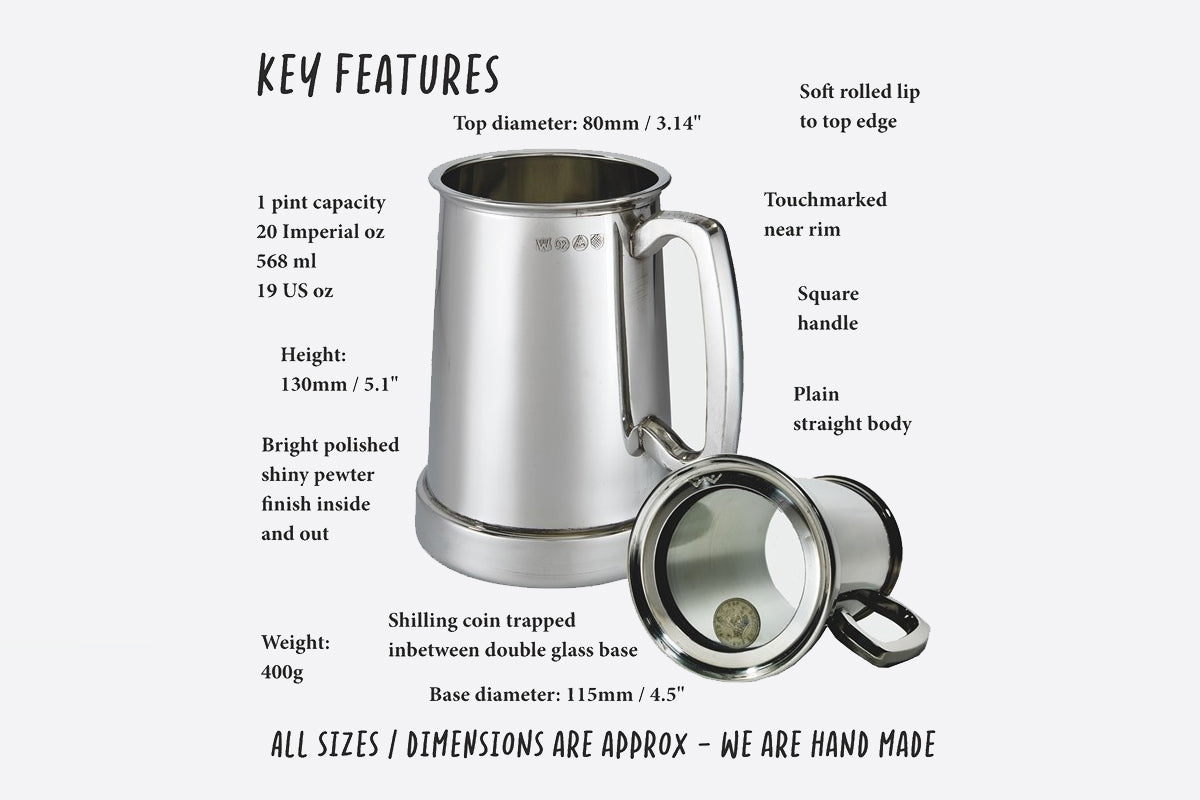 Shilling One Pint Pewter Tankard Glass Base