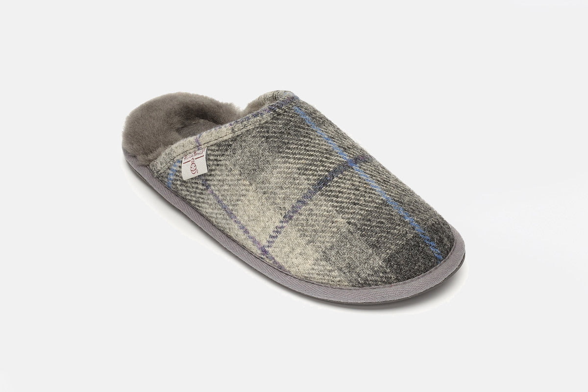 William - Harris Tweed Mule Slippers - Charcoal/Check