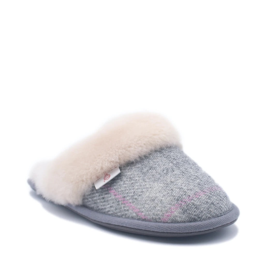 Kate - Harris Tweed Mule - Grey/Pink Check